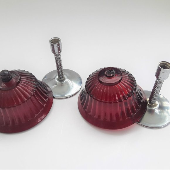VTG Glass Ruby Red Martini 2 Goblets Chrome Stem Art Deco New Martinsville 1930s - Picture 9 of 10